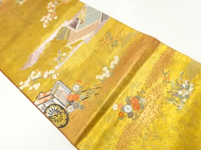 青銅箔御所車に屋敷風景模様織出し袋帯